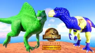 Color Pack dinosaurs: Green Spinosaurus, T-Rex, Superman Indominus rex, Acrocanth dinosaurs fighting
