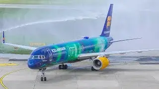 BOEING 757 gets a WATER CANON salute - First flight of Icelandair (4K)