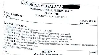Class-8 Maths (2) / Periodic Test-1 PT-1 Paper PM SHRI KENDRIYA VIDYALAYA Question Paper 2026-27