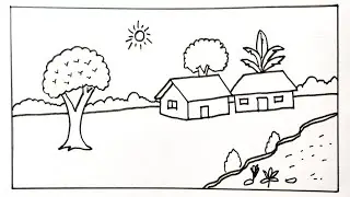 How To Draw Village Scenary | Beautiful Village Scenary Drawing | PS Art 