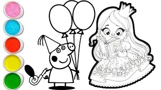 Peppa pig with princess drawing and coloring for kids and toddlers || easy peppa pig drawing for kid