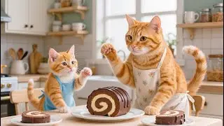 Mama Cat Bakes Sweet Cakes at Home to Treat Her Kitten to a Warm and Loving Meal 🍰❤️