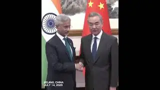 China's foreign minister Wang Yi shaking hands with his Indian counterpart in Beijing