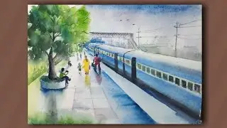 Train Painting | A railway station with watercolour