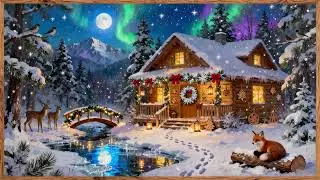 Aurora Christmas Cabin 4K | Winter Fox Art Screensaver | Holiday Framed Painting