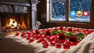 Valentine's romantic, ambient, cozy, snowy, flickering fireplace, jazz, instrumental, calm, relaxing