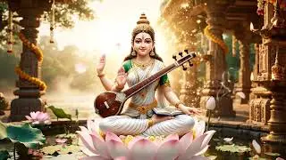 Saraswati Divine Wisdom - Goddess on Lotus with Veena and Book
