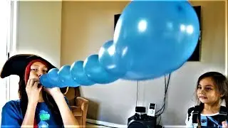 Blowing and Popping Green and Blue Spiral Balloons