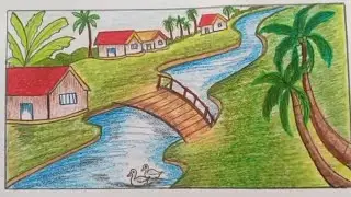 Beautiful Easy Village Scenery Drawing with Pencil Colour.Step by Step Tutorial🏞☝@rainbowdrawing000