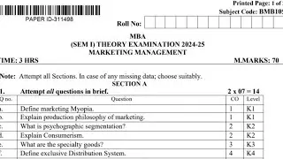 MBA 1st Semester Marketing Management Question paper 2025 || #mba #marketingmanagement #mba1stsem