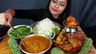 Spicy Handi Egg Buna+Daal Makni+Chicken Jhal Kosha+Green Chili+Huge Basmati Rice Eating Mukbang Girl
