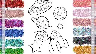 Spaceship planets stars and rocket ship in space glitter coloring art | coloring with glitter