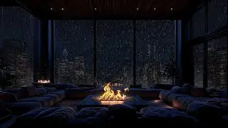 🌃🔥 Fire Pit & Winter Wind on Window - Luxury Lounge Ambience for Stress Relief and Calm