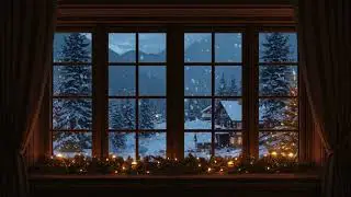 Christmas Window Projection | Cozy Winter Wonderland Scene background with Lights, Snowfall Ambience
