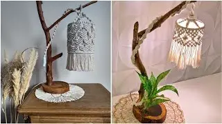 Tree branch table lamp, macrame table lamp shade, driftwood art deco lamp