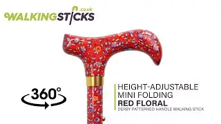 Height-Adjustable Mini Folding Red Floral Derby Patterned Handle Walking Stick