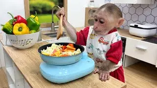 Monkey Bili harvests bell peppers on the farm to make stir-fried noodles