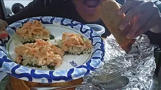 ASMR Trying VOLCANO ROLL Dip & PASTEL&Oacute;N Empanada!