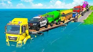 Triple Flatbed Trailer McQueen Transportation with Truck - Speedbumps vs Cars vs Train - BeamNG #30