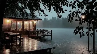 Gentle Night Rain Echoing on a Rustic Cabin Roof in the Forest
