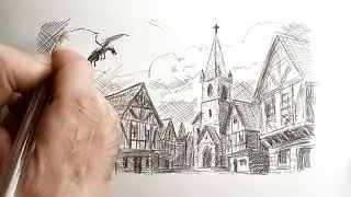 Fantasy Village Sketch | Black BIC Pen Drawing