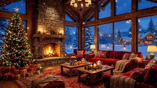 Cozy by the Fire ☃️ Warm Christmas Evening with Village Snowfall & Lights