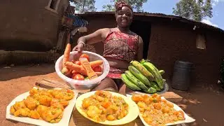 Real African Village Life Cooking Outdoors 🌿 | Peaceful Banana, Green Peas & Carrots Recipe