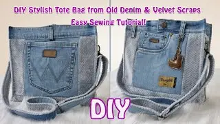 Sewing a Chic Tote Shoulder Bag from Old Denim Jeans & Velvet Scraps – DIY Tutorial 👜✨