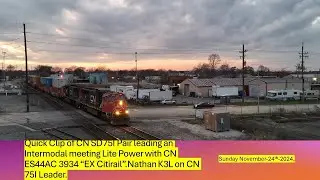 4K! Quick Clip! Intermodal with SD75I Pair meets lite power at Chicago Heights, IL! 11 24 24!