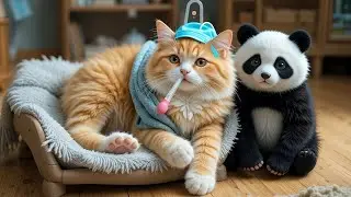 Cute Panda Takes Care of Sick Fluffy Orange Cat | Paw Feed