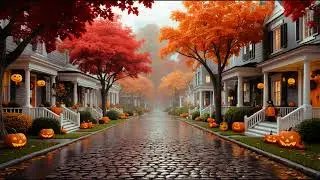 Beautiful Fall Evening In A Neighborhood Decorated With Pumpkins