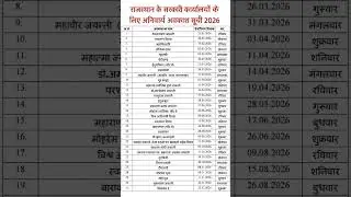 Rajasthan Govt Holiday Calendar 2026 - राजस्थान के सरकारी सार्वजनिक अवकाश #2026Holiday #calendar2026