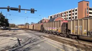 CSX 3206 leads a fully loaded coal train through downtown Fayetteville with CSX 514 trailing 