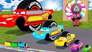 Big & Small Saw One-Wheel McQueen Lightning VS Train | BeamNG.drive