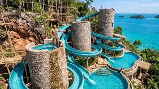 Building a Dream Cliff Water Park with 3 Towers and Epic Slides | Primitive Building Skills