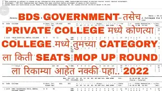 BDS GOVERNMENT AND PRIVATE COLLEGE  CATEGORY WISE SEAT MATRIX DETAIL EXPLAIN MOP UP ROUND 2022..CET
