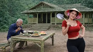 Pregnant single mother harvests fruit and builds a bamboo cooking table with an 80-year-old man.