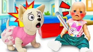 Emily, the baby doll, is sick, and the nanny takes her to see Barbie, the doll doctor.