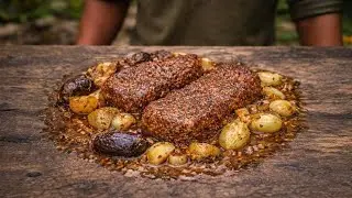 🌿 Forest Fire Red Meat Steak Wrapped in Soil | Ancient Clay Cooking Method 🔥🥩 #steak #venkyskitchen