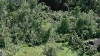 Aerial view of extensive storm damage from likely tornadoes in Massachusetts, Rhode Island