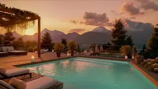 A Beautiful Golden Sunset By A Relaxing Private Pool | Soothing Water Sounds | Calming Waterfall