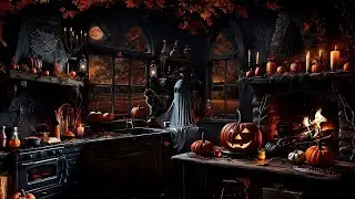 RAVEN MANOR HAUNTED HALLOWEEN KITCHEN-SPOOKY TREATS-CRACKLING FIREPLACE-GHOSTLY FRIEND-FALL LEAVES