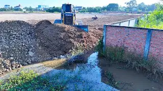 Amazing bulldozer filling land with soil over the water farm