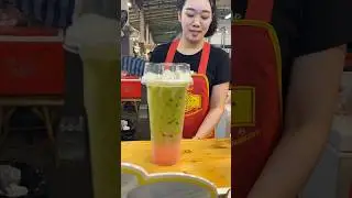 Famous coffee vendor making Stawbery syrup with Matcha Green Tea Bangkok - Thailand