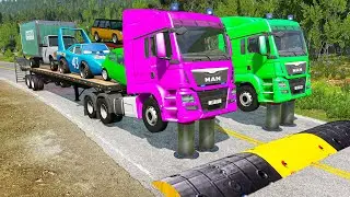 Double Flatbed Trailer Truck vs Speedbumps Train vs Cars Beamng.Drive #2