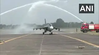 Nashik: LCA Tejas Mk 1A gets a water cannon salute after its maiden test flight today