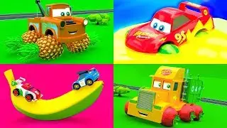 Funny Fruit Party in The City of Little Cars - Mcqueen Cars Friends change their wheels with fruits