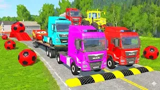 Flatbed Trailer Cars Transportation with Truck - Speedbumps vs Cars vs Train - BeamNG.Drive #007