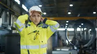 Female Industrial Worker Puts on Protective Hard Hat while Walking