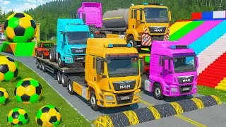 Flatbed Trailer McQueen Transportations with Truck   Cars vs Speed vs Train   BeamNG Drive #27
